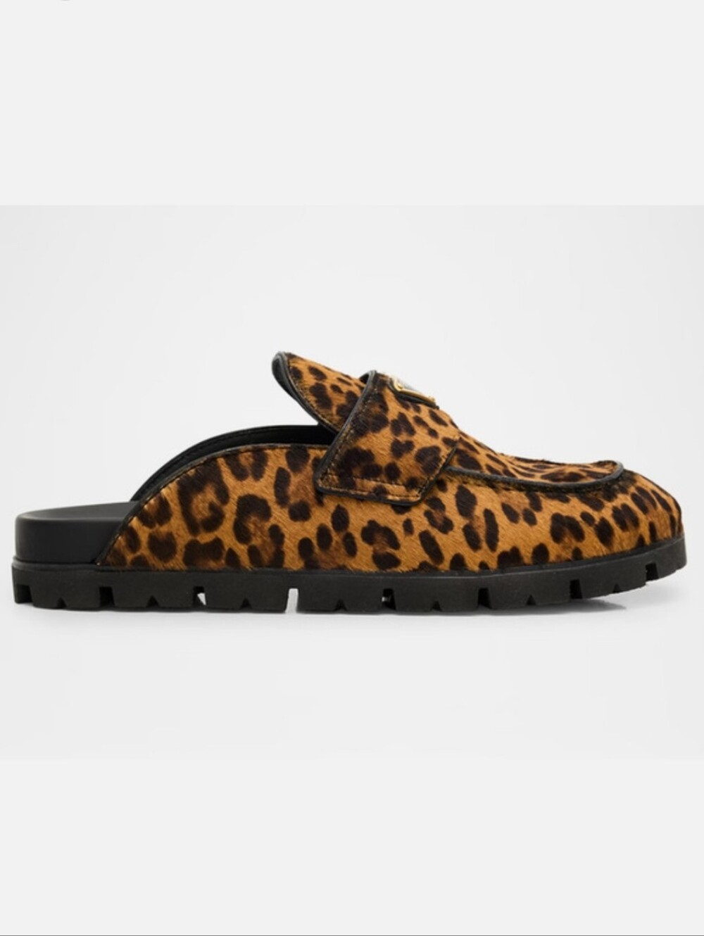 $1,320 Prada Leopard Pony Fur Fussbett Gold Logo Mule Flat EU 41 US 11 BNIB
